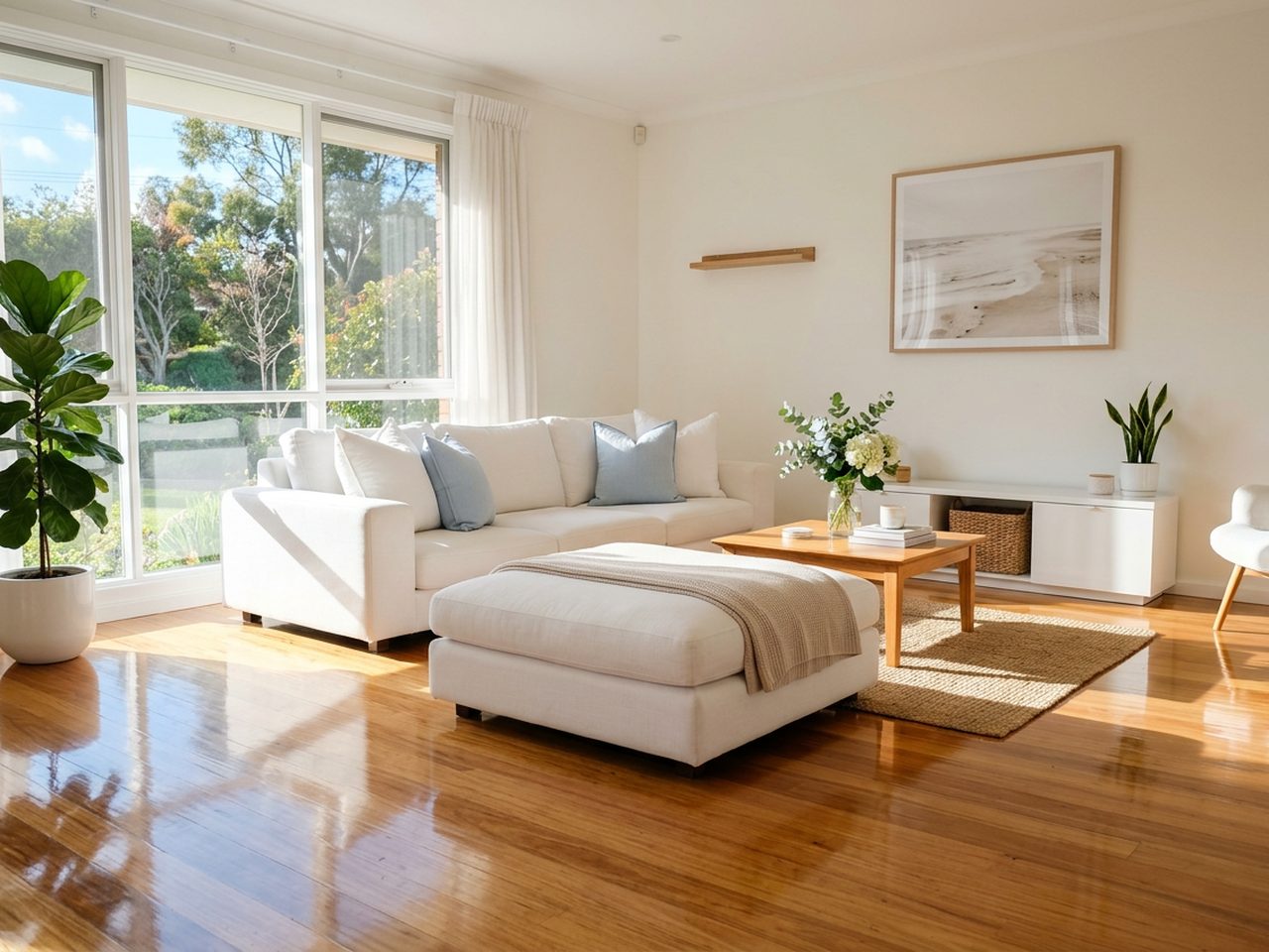 A bright, freshly cleaned living room with a white sofa, pale blue cushions and sunlight on a polished wood floor